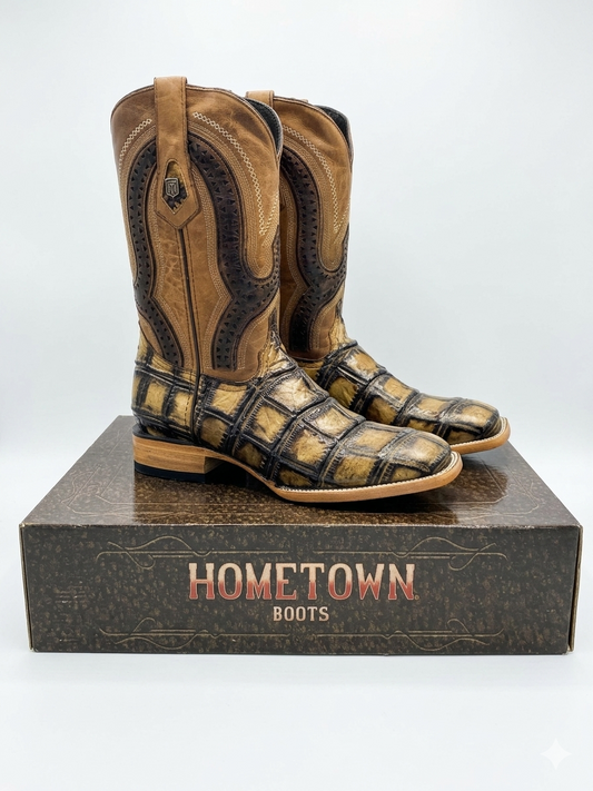 Men's Leather, American Jumbo print boots in Rustic Camel color
