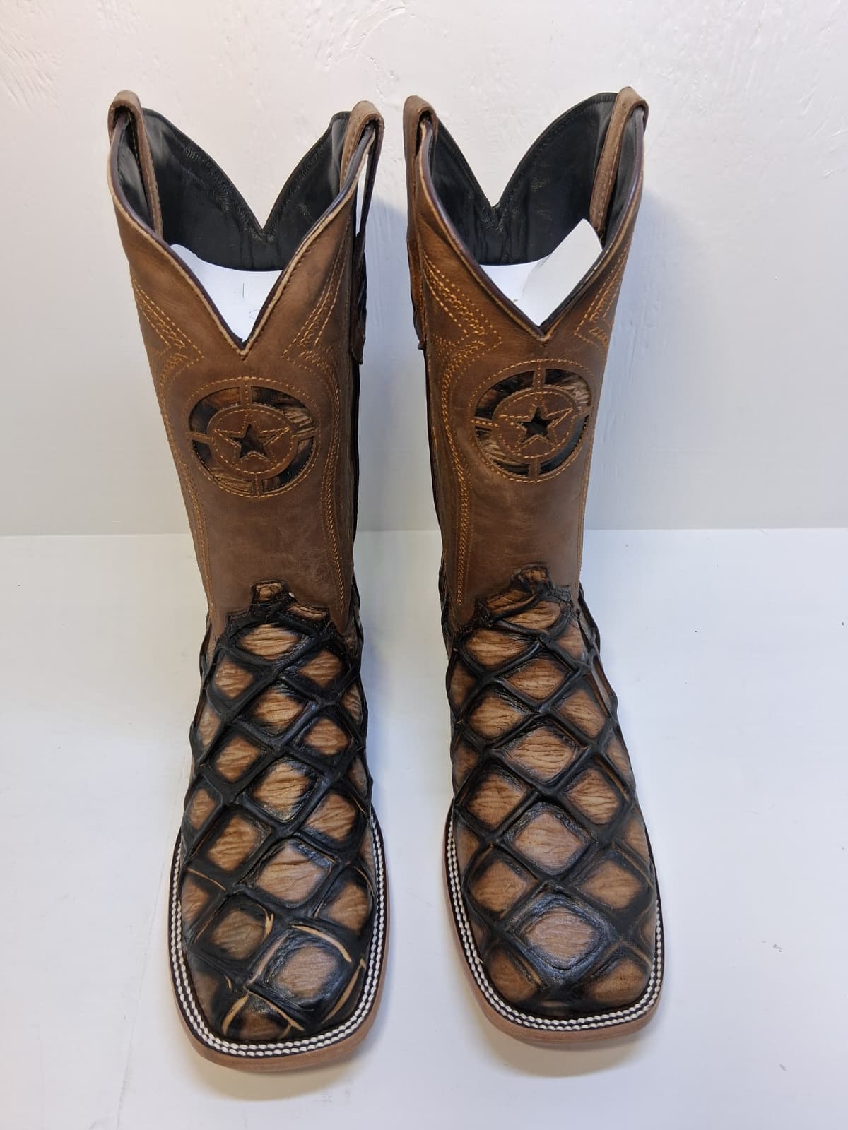 Men's Leather, Pirarucu Fish Print Boots in Rustic Camel